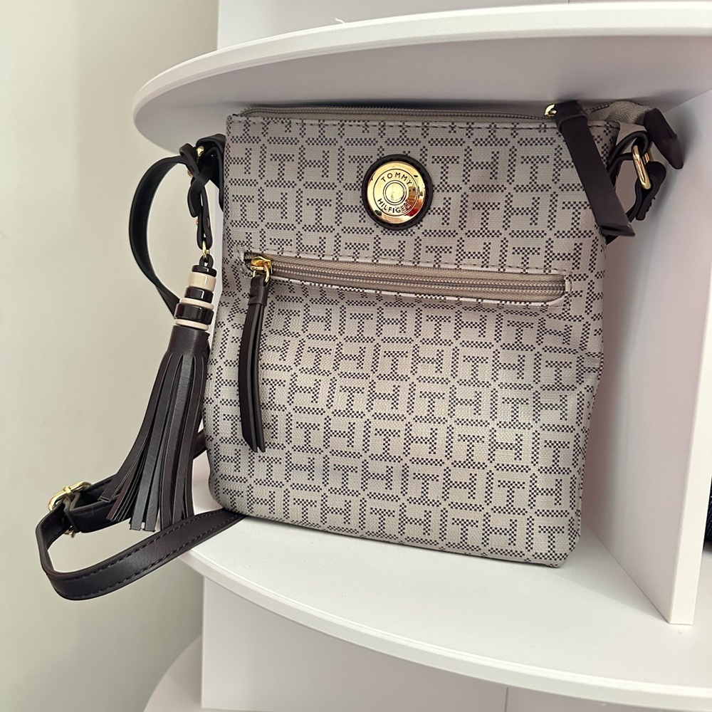 Tommy Hilfiger Brown Crossbody Bag with Geometric Pattern